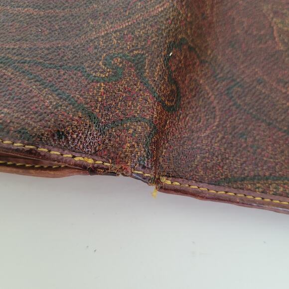 Etro Vintage Brown Paisley Medium Leather Wallet Logo Italian Trifold Zip Fair - Picture 14 of 15